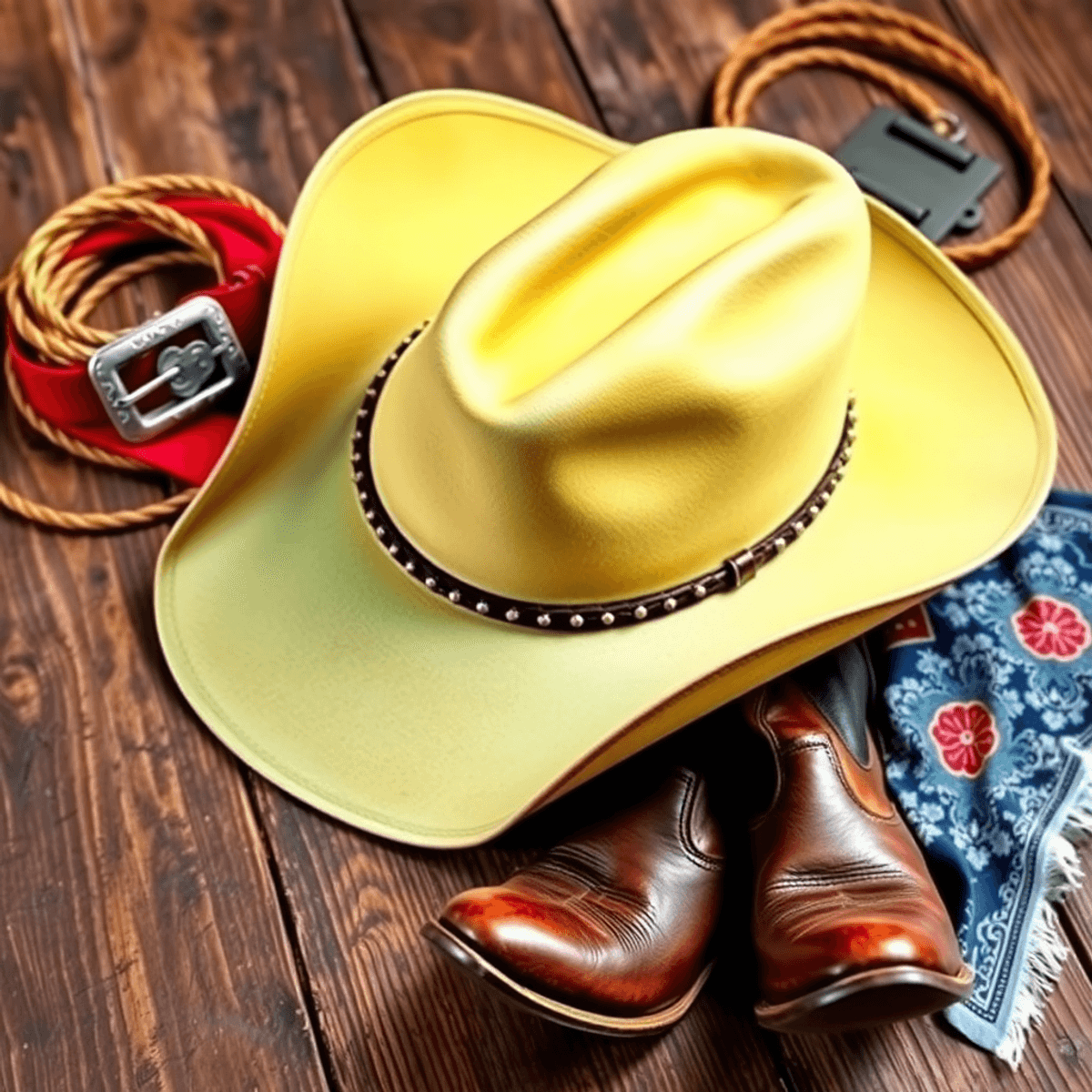A colorful cowboy hat and boots on a rustic wooden table, accompanied by a lasso, vintage belt buckle, and faded bandana, capturing western fashion nostalgia.