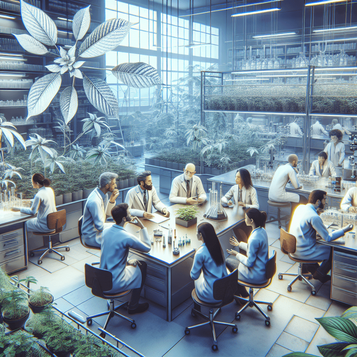 A diverse group of scientists, including Caucasian and Hispanic individuals, engaged in a focused discussion in a well-equipped laboratory filled with scientific apparatus and plants related to Kratom research. Their expressions convey intensity and collaboration as they analyze their findings.