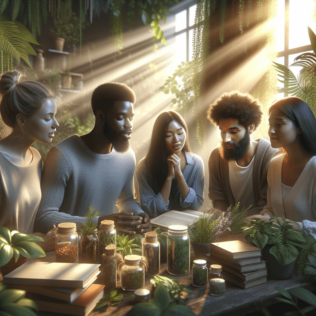 A diverse group of four people, including a Caucasian woman, an Asian man, a Black man, and a Hispanic woman, engaged in a focused discussion about herbal remedies in a cozy room filled with lush house plants. Soft sunset light filters through the foliage, illuminating a stack of natural healing books surrounded by various herbal ingredients, enhancing the serene and intimate atmosphere of their conversation.