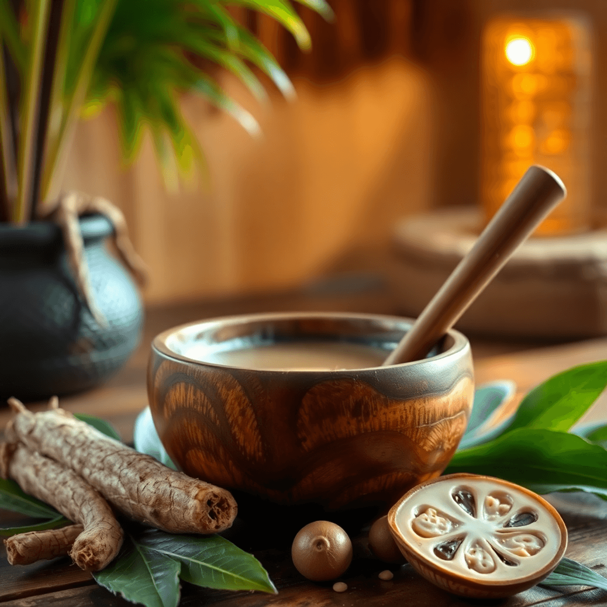 A wooden kava bowl surrounded by fresh kava roots and leaves, glowing warmly in a tropical setting that evokes relaxation and traditional culture.