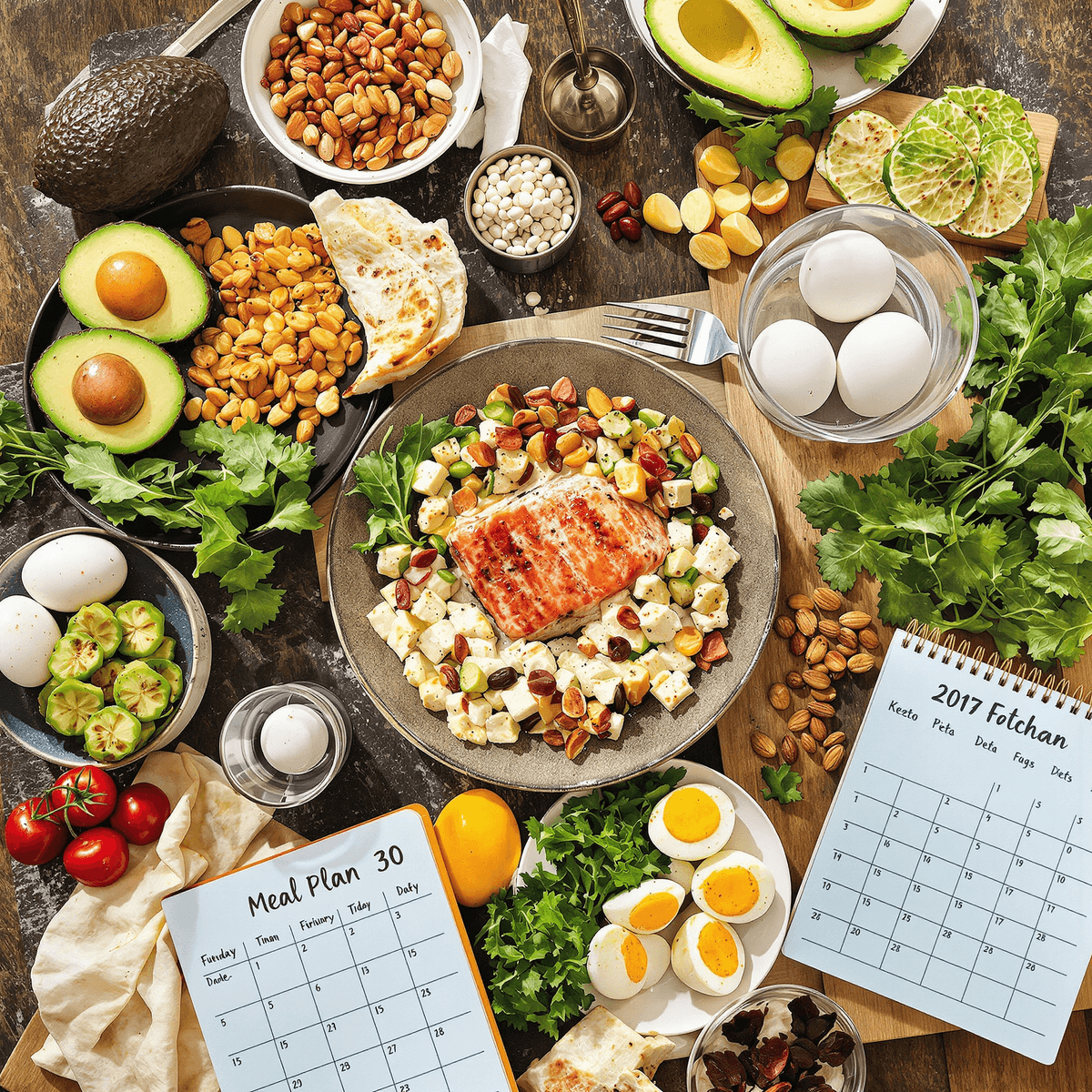 A colorful keto meal spread with avocados, eggs, nuts, greens, grilled salmon on a wooden table beside a 30-day calendar and meal plan notebook.