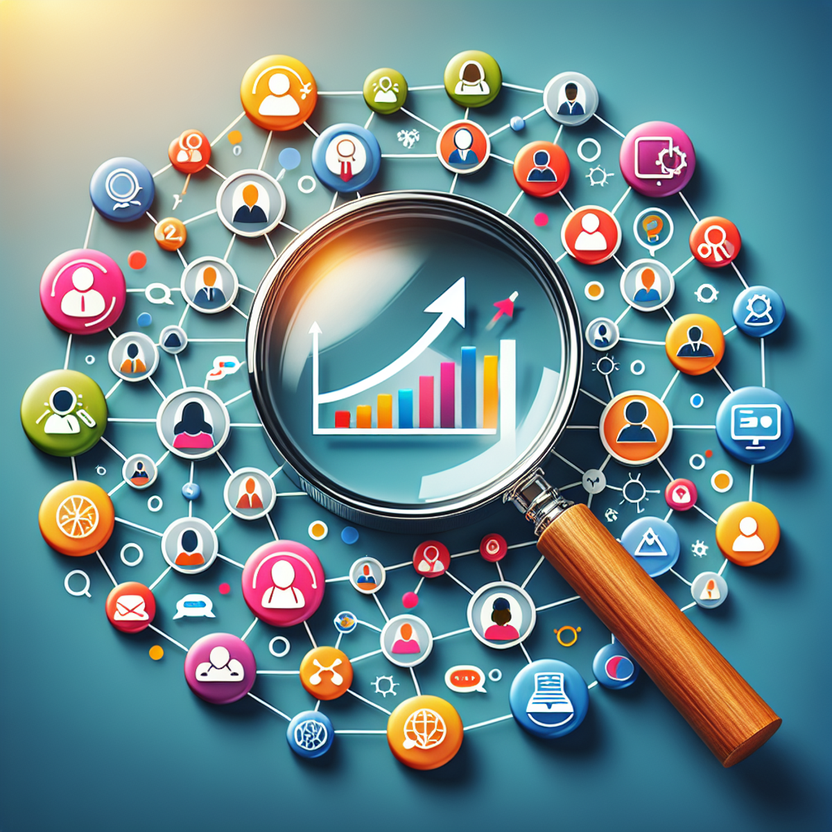 A magnifying glass hovering over a network of interconnected icons representing CRM software components, including diverse people for customers, an upward arrow for sales, and interlinked chat bubbles for communication channels.