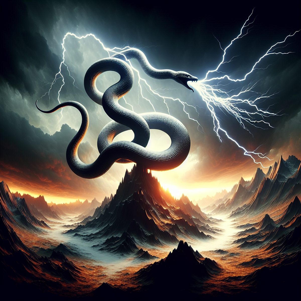 A lightning bolt striking a stylized serpent coiled in a unique formation, with a dramatic and intense atmosphere.