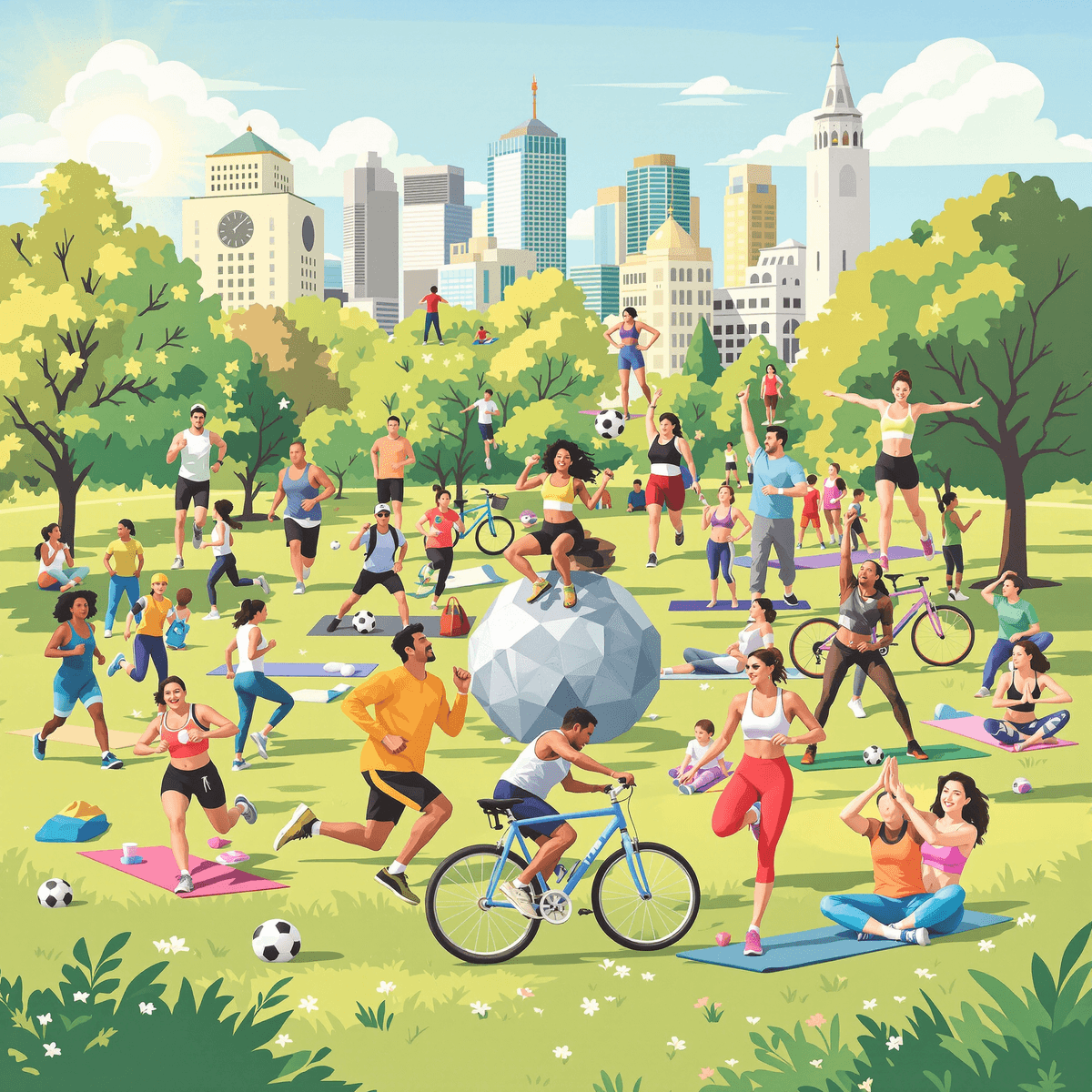 Sebuah pemandangan luar ruangan yang ceria menampilkan sekelompok individu yang beragam berpartisipasi dalam olahraga seperti lari, bersepeda, dan yoga di taman yang cerah, mempromosikan kesehatan dan kebugaran.