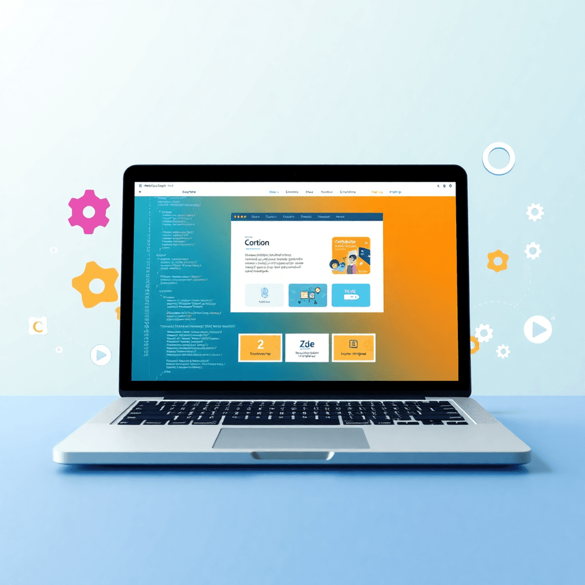 A digital portfolio layout with a laptop showcasing a stylish web page, surrounded by coding symbols and vibrant design elements on a bright background.