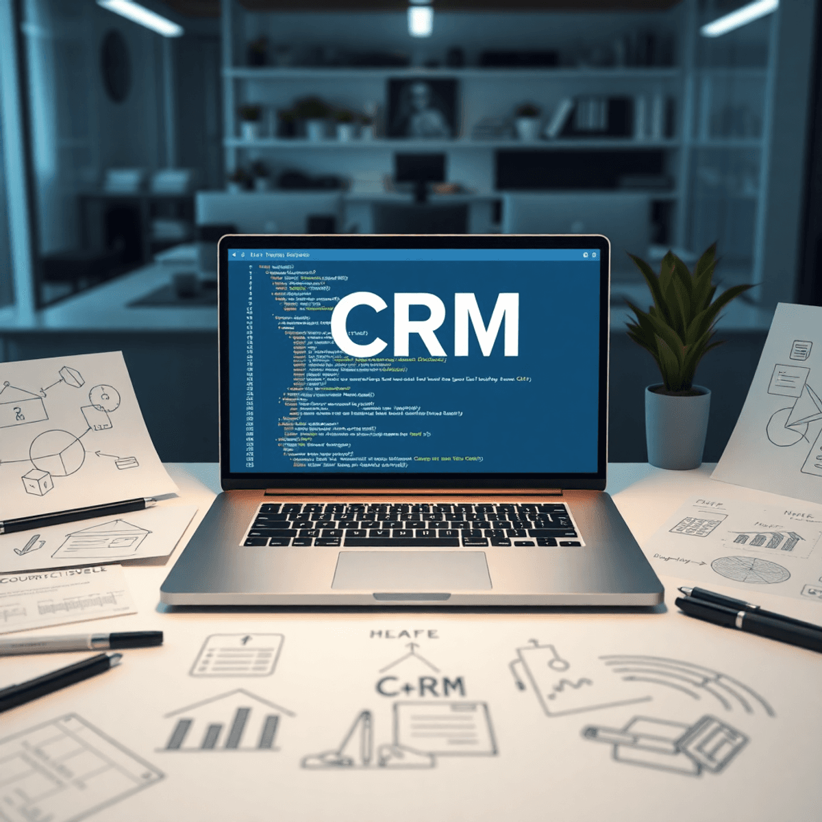 Modern workspace with laptop showing CRM code, surrounded by notes and sketches of custom CRM design concepts, highlighting technology and business innovation.