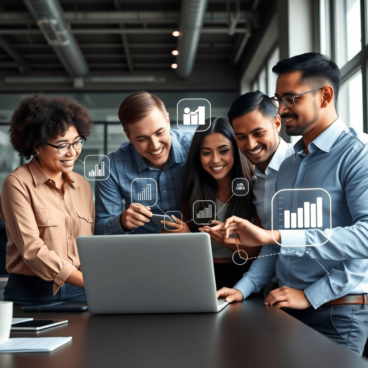 Team collaborating in a modern office, reviewing CRM dashboards on a laptop with floating icons of data analytics and business growth.