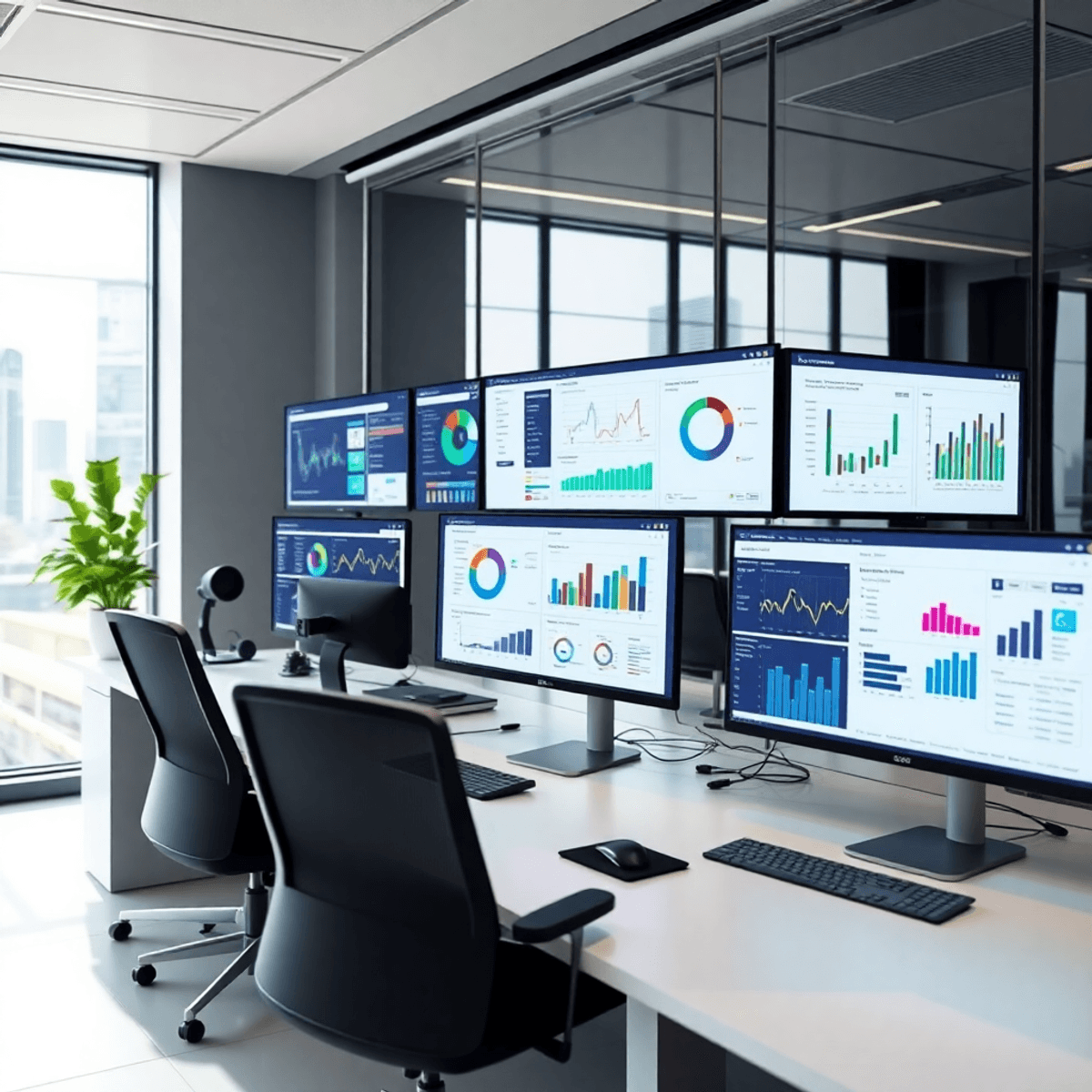 Modern office with multiple computer screens showing colorful CRM dashboards and graphs in a vibrant, professional setting.