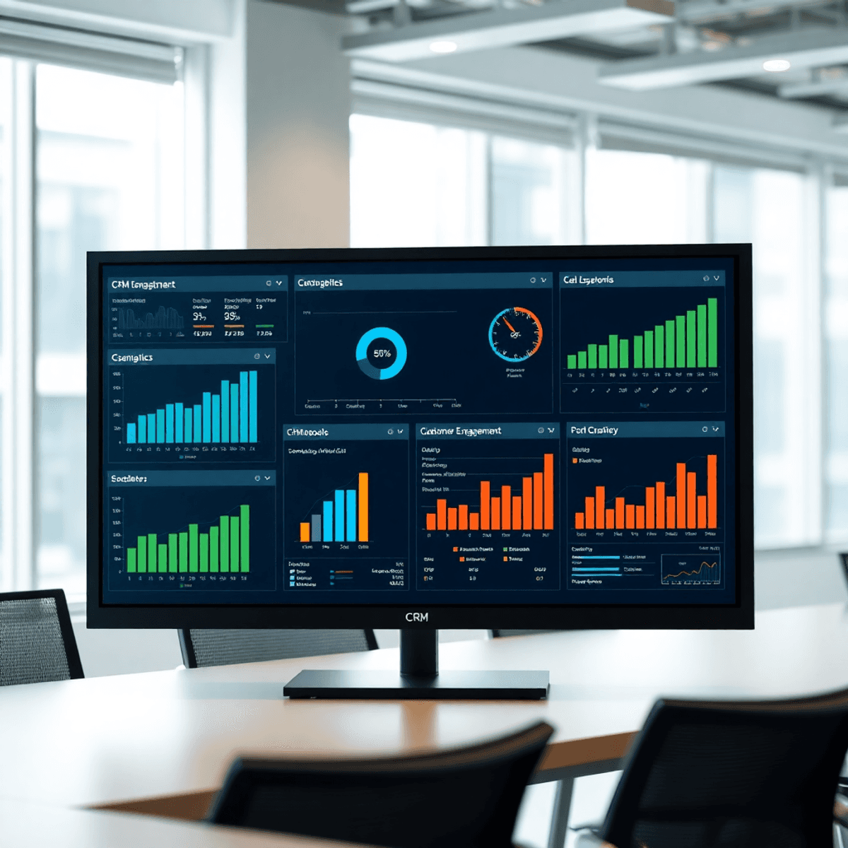 Modern digital dashboard showing CRM analytics and customer engagement charts on multiple screens in a bright, professional office setting.
