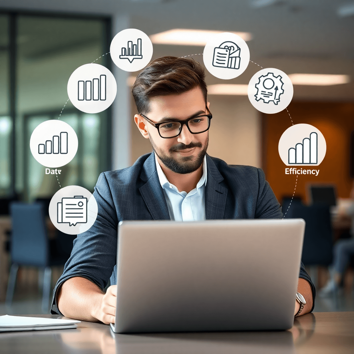 A confident business owner reviewing CRM software on a laptop, surrounded by icons of data, growth, and efficiency in a modern office.