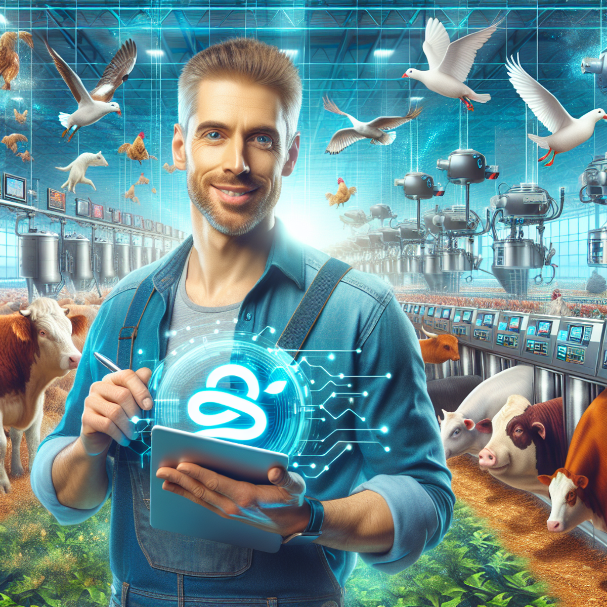 Caucasian male farmer holding a tablet surrounded by livestock and modern farm equipment.