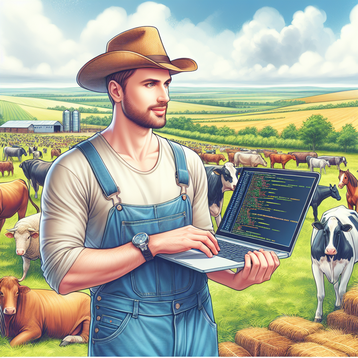 A man in a plaid shirt and jeans sits on a wooden fence, typing on a laptop in a picturesque pasture with cows, horses, and sheep.