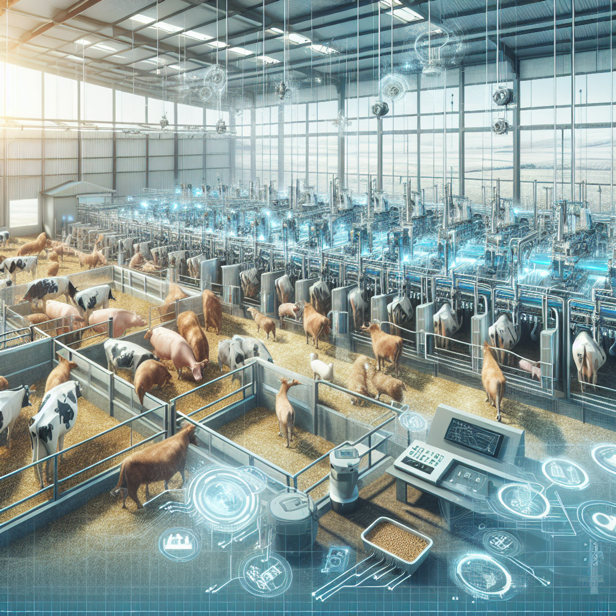 Alt text: A modern livestock farm with automated systems for animal rearing and control panels for effective management, featuring livestock such as cows, pigs, sheep, and chickens.