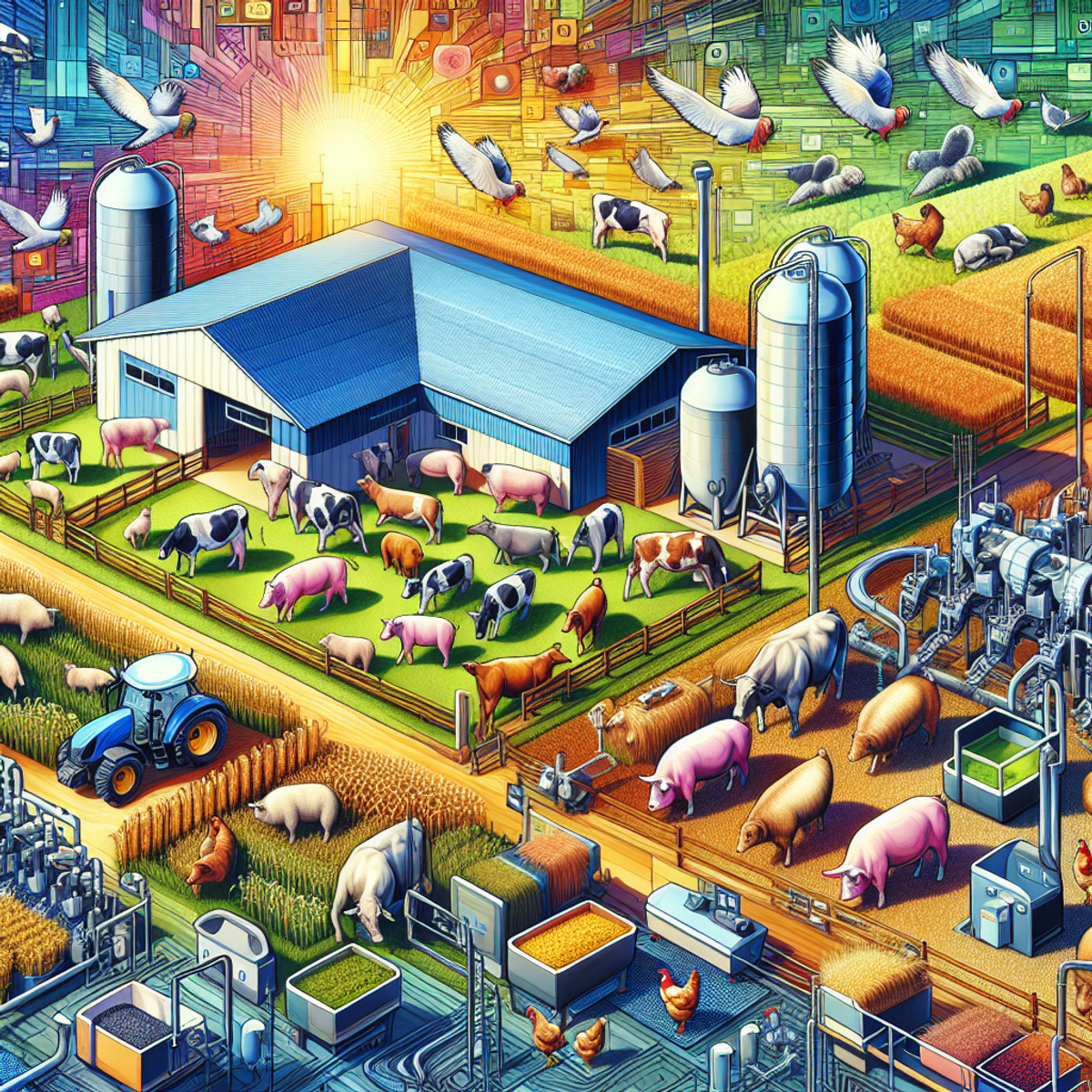 A modern farm with vibrant colors, cows, pigs, chickens, and sheep alongside advanced farming machinery.