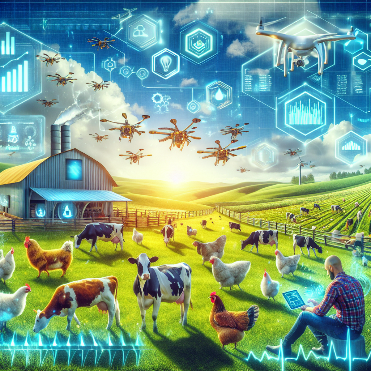 Alt text: A futuristic animal farm with healthy livestock including cows, chickens, and sheep, set against a technologically advanced backdrop with electronic sensors and data visualizations. Autonomous drones manage water supplies while farmers use handheld devices to optimize production and animal welfare.