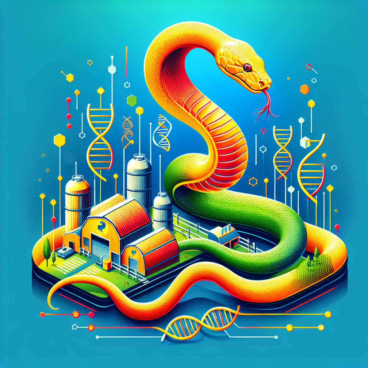 A brightly colored python snake coiling around a futuristic farm with modern livestock farming methods and DNA helixes incorporated in the design.