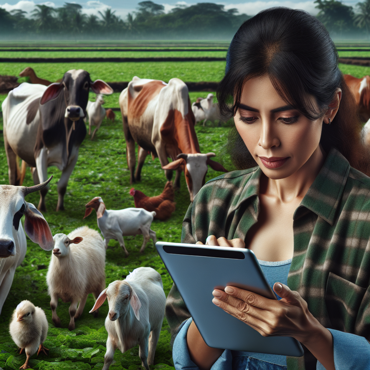 A South Asian female farmer studying data on a digital tablet surrounded by healthy farm animals and lush green pasture lands.