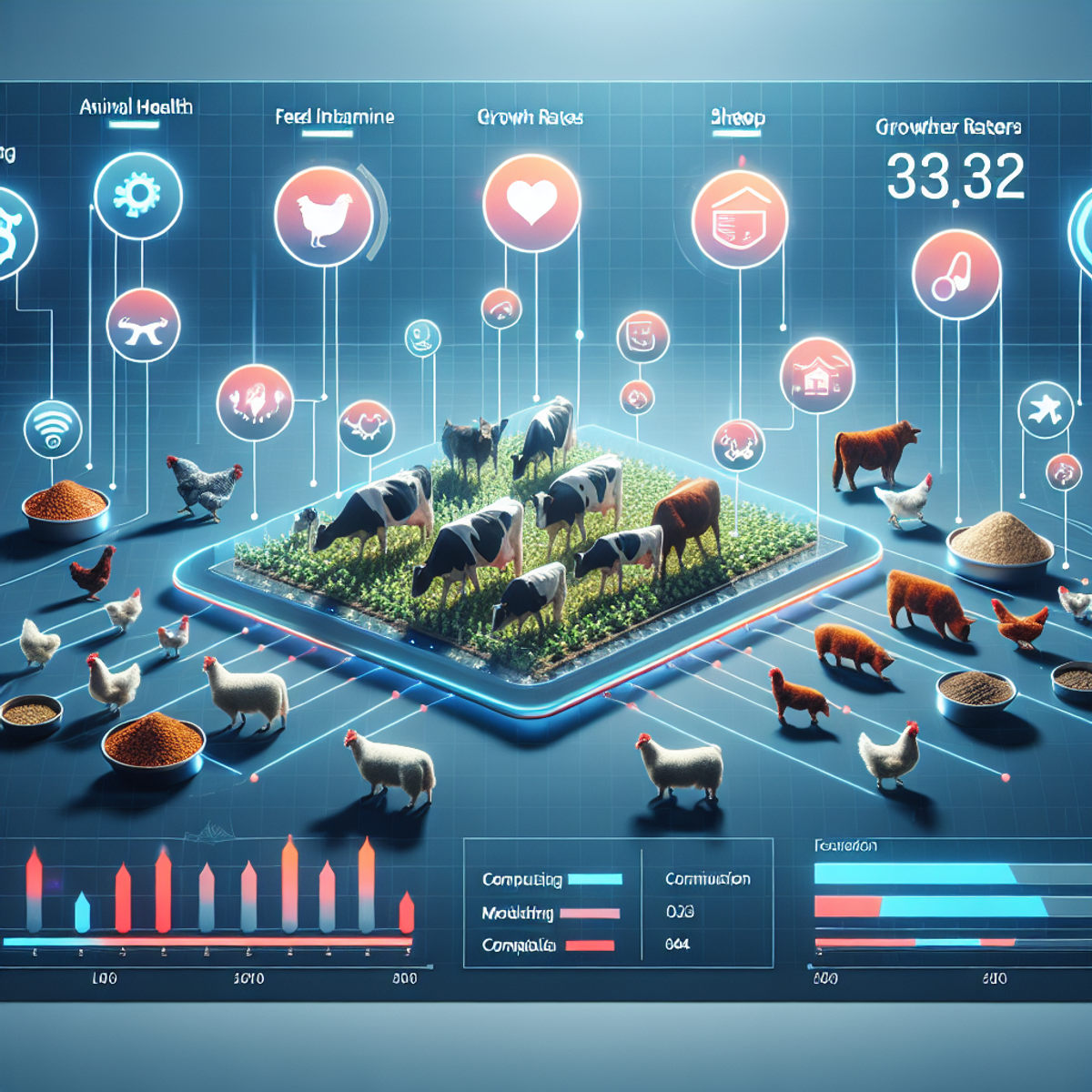 A digital dashboard displaying real-time livestock farming data with representative symbols and icons for key metrics, including animal health, feed intake, growth rates, and weather conditions. Livestock such as cows, pigs, chickens, and sheep are depicted in a vibrant color scheme to indicate the efficiency of Precision Livestock Farming.