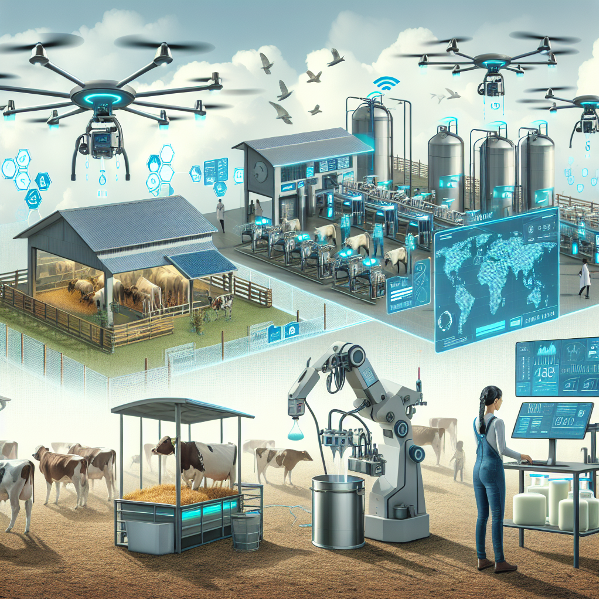 A futuristic farm with high-tech machinery and livestock technology, including drones, robotic milkers, and digital displays. A female South Asian farmer observes the machinery, while a male Middle-Eastern technician monitors the data.