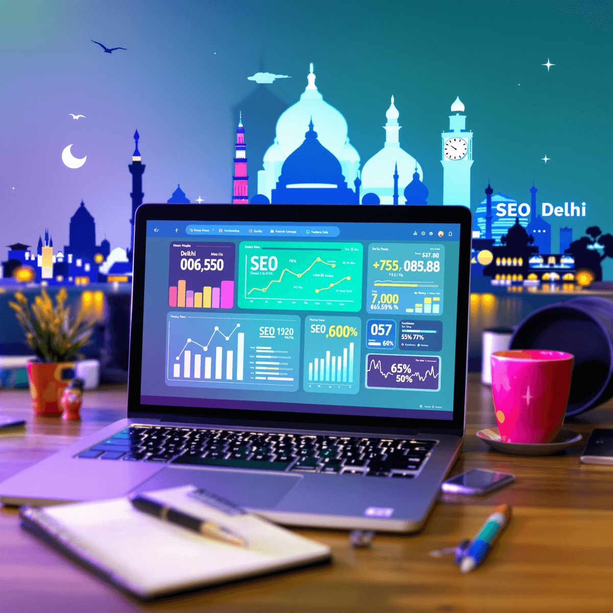 A modern digital workspace with a laptop showing analytics graphs, a notepad, and pen, set against a colorful Delhi skyline silhouette.