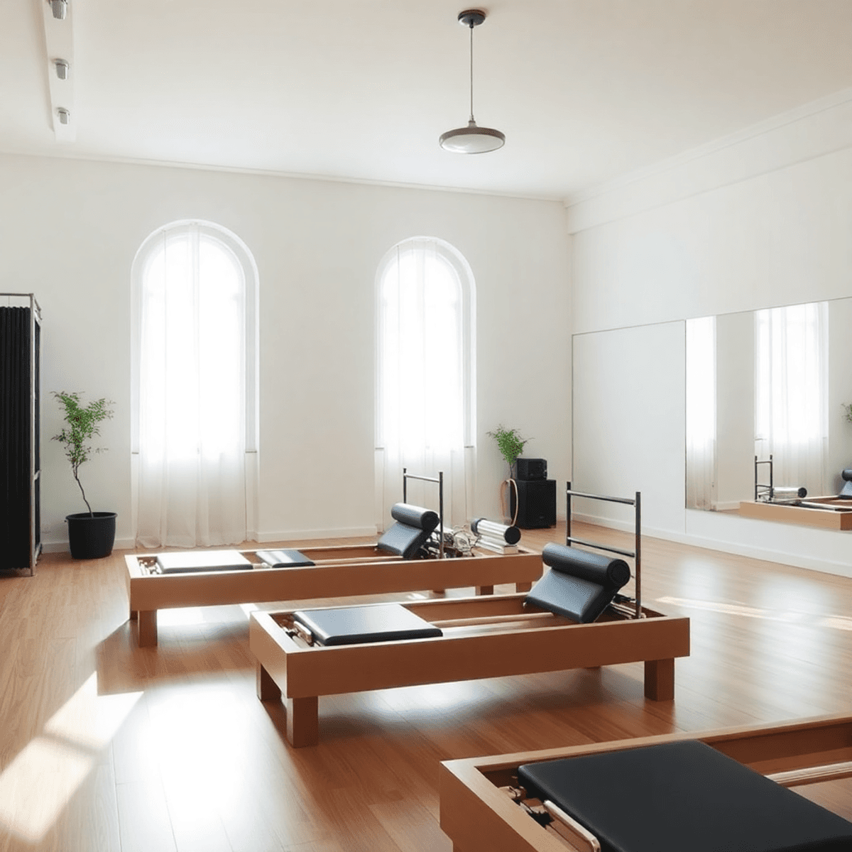 Studio di Pilates luminoso con macchine reformer, luce naturale morbida e tonalità neutre, creando uno spazio calmo e accogliente per i principianti.