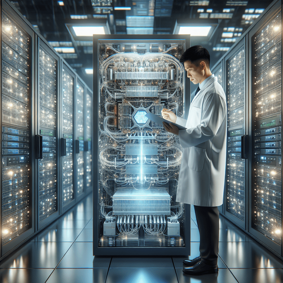 A modern data center filled with advanced technology, featuring a powerful supercomputer at the center, surrounded by rows of high-tech servers with blinking lights. An Asian male engineer in a white lab coat is focused on analyzing complex data on a digital screen, representing the crucial human element in supercomputing advancements amidst the sea of machines. The scene is depicted in a realistic art style without any legible text.