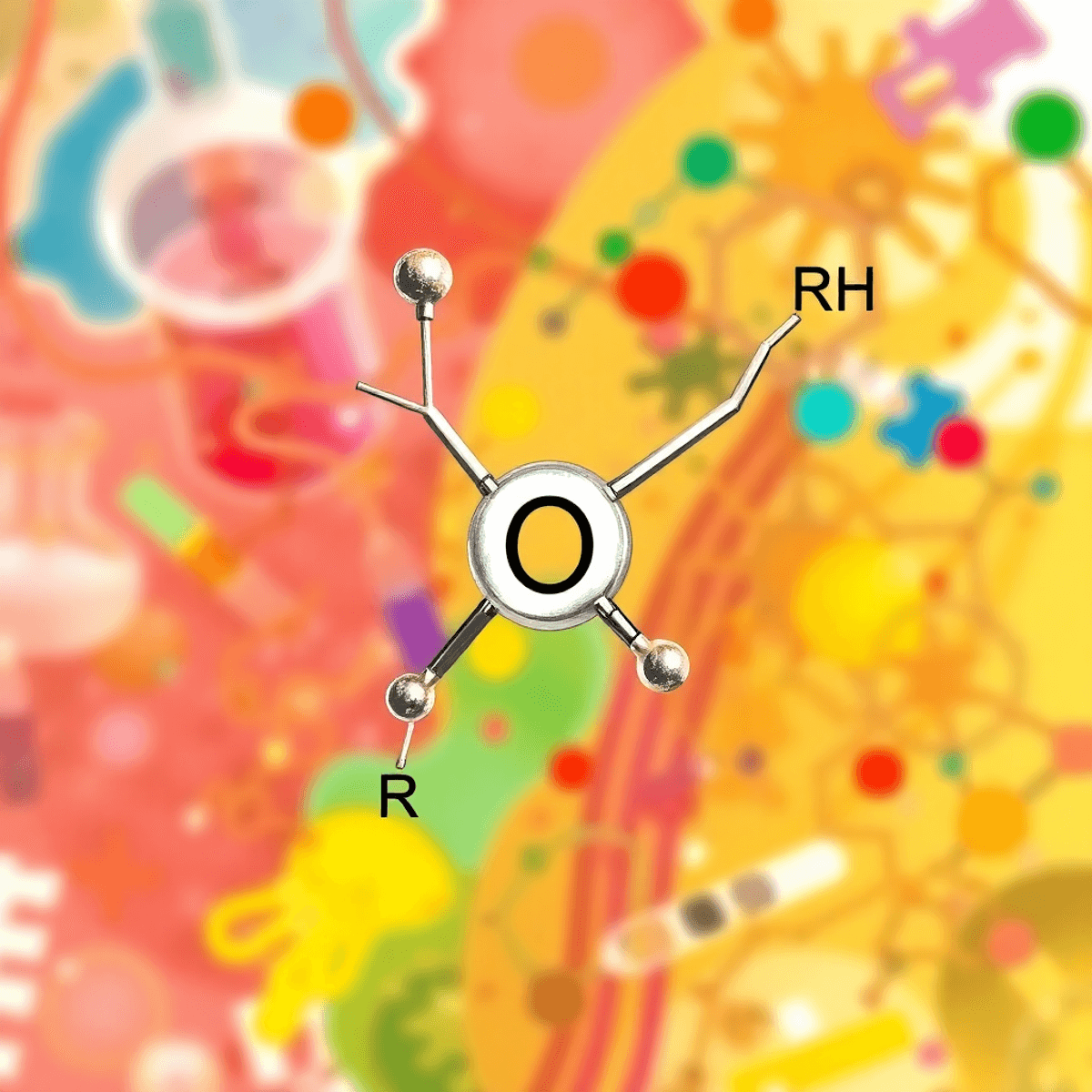 An illustration of a carbonyl compound structure with a prominent C=O bond, labeled R groups, and a colorful abstract background hinting at laboratory themes.