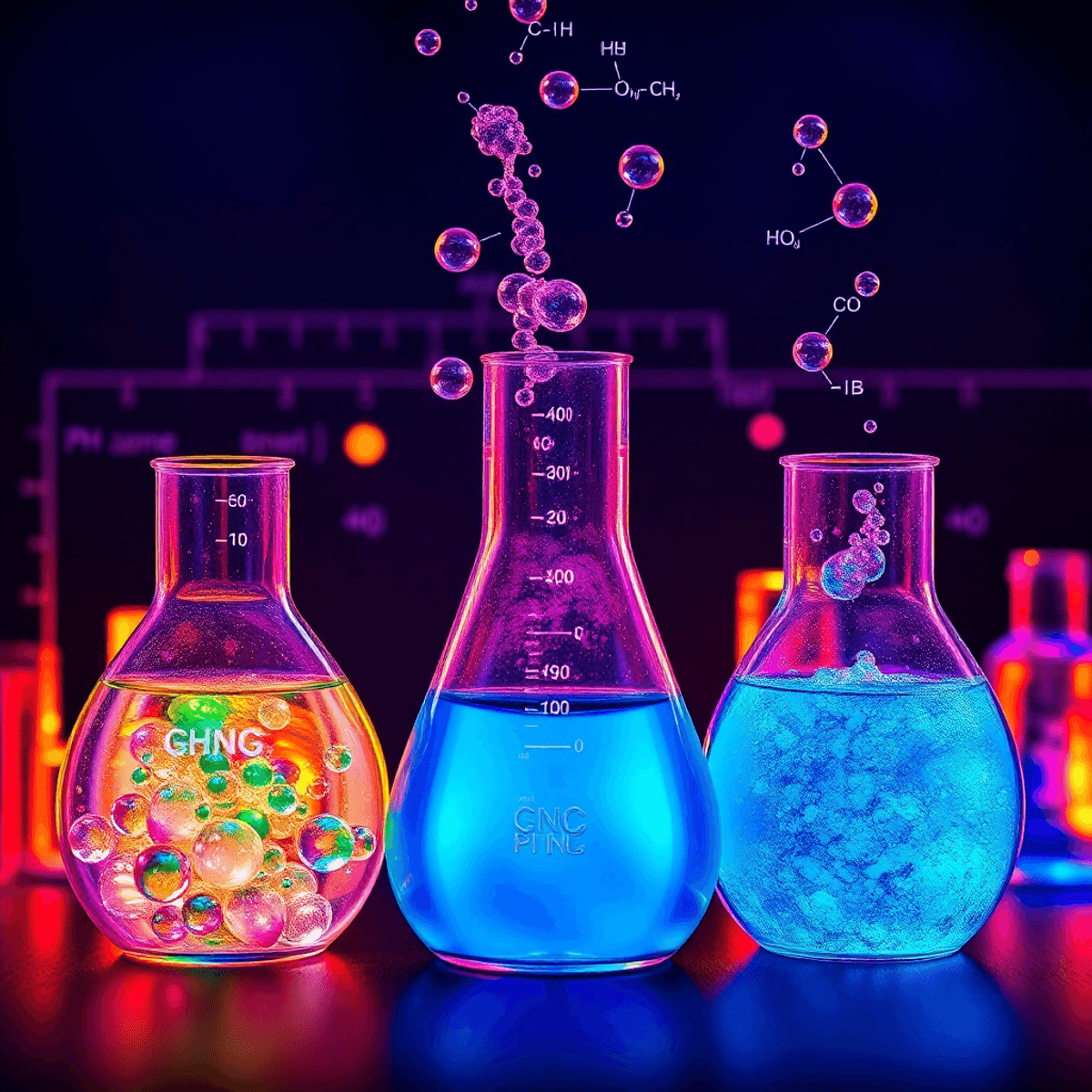 A vibrant image of beakers filled with colorful liquids and bubbles, showcasing acid-base reactions, with a pH scale and chemical formulas in the background.