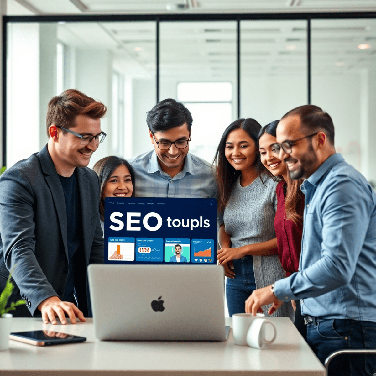 A group of individuals collaborating around a laptop in a modern office, discussing digital marketing strategies with SEO tools visible on the screen, conveying teamwork and engagement.