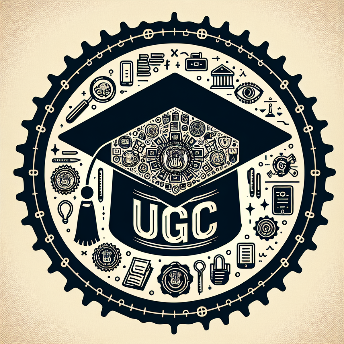 A graduation cap with a UGC emblem.