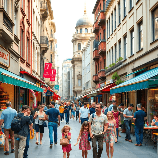 A lively street scene on Istiklal Street in Taksim, Istanbul, featuring families, colorful shops, cafes, and historic architecture in a vibrant atmosphere.