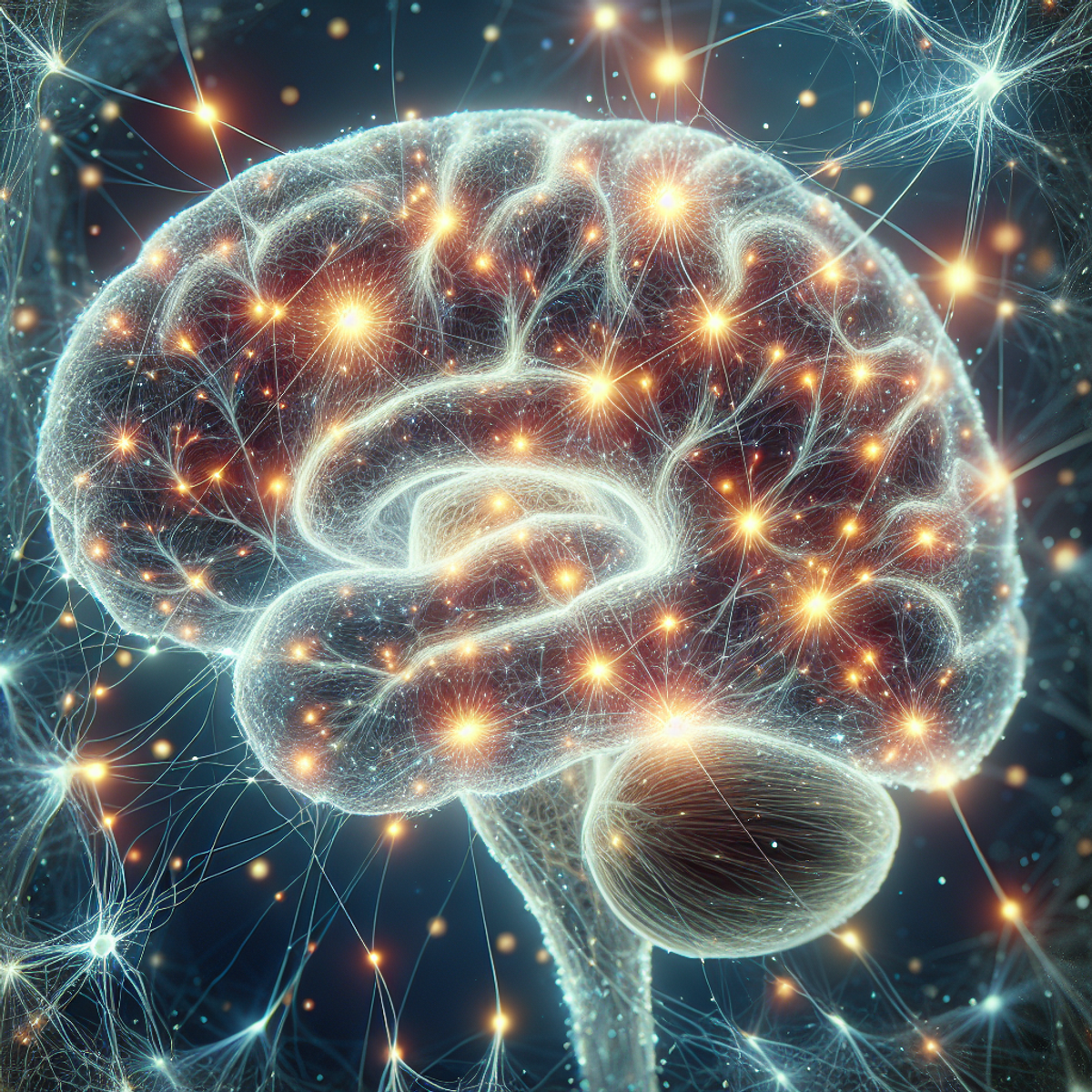 A close-up image of a vivid and active human brain filled with interconnected glowing neurons, representing neural plasticity, memory retention, and overall brain development.