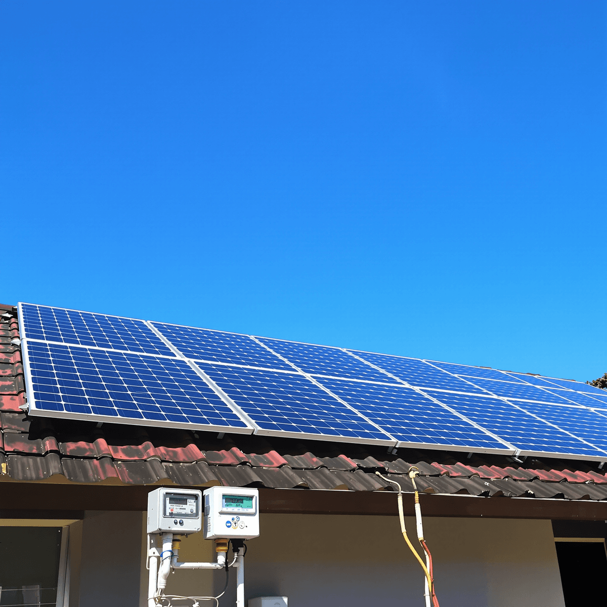 Rooftop solar panels under clear blue sky with electric meter displaying energy flow, representing solar energy and metering systems.