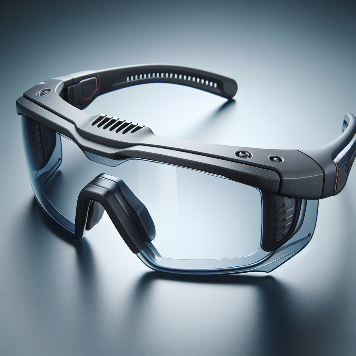 A pair of modern safety glasses with streamlined design and advanced protective features.