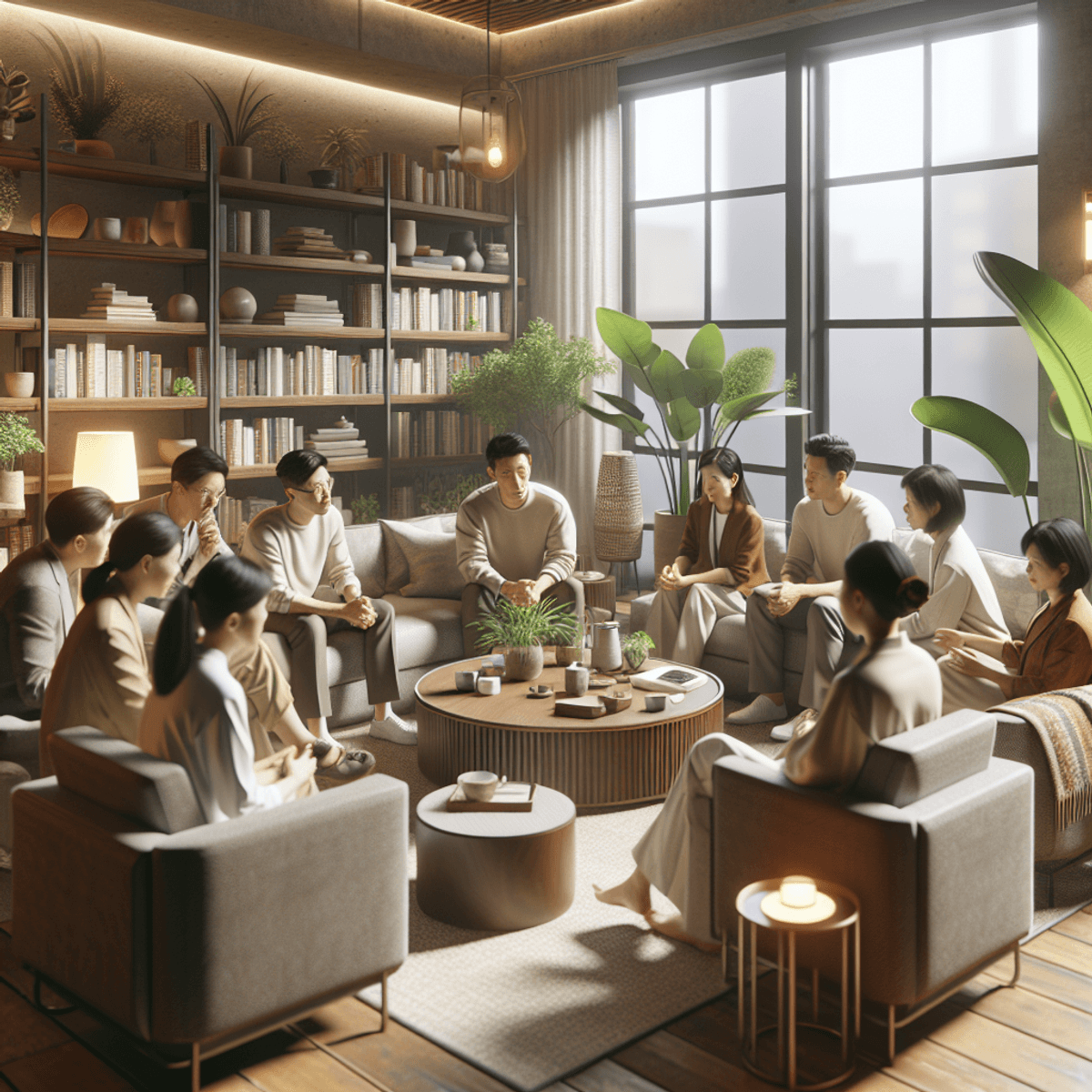 A group of Asian-American individuals, both male and female, sitting together in a cozy setting, engaged in a thoughtful discussion about mental health and peer support. The atmosphere is warm and inviting, with plush seating, soft lighting, shelves filled with books, indoor plants in the corners, and a coffee table adorned with a tea set. Their expressions convey care and understanding as they listen to each other.