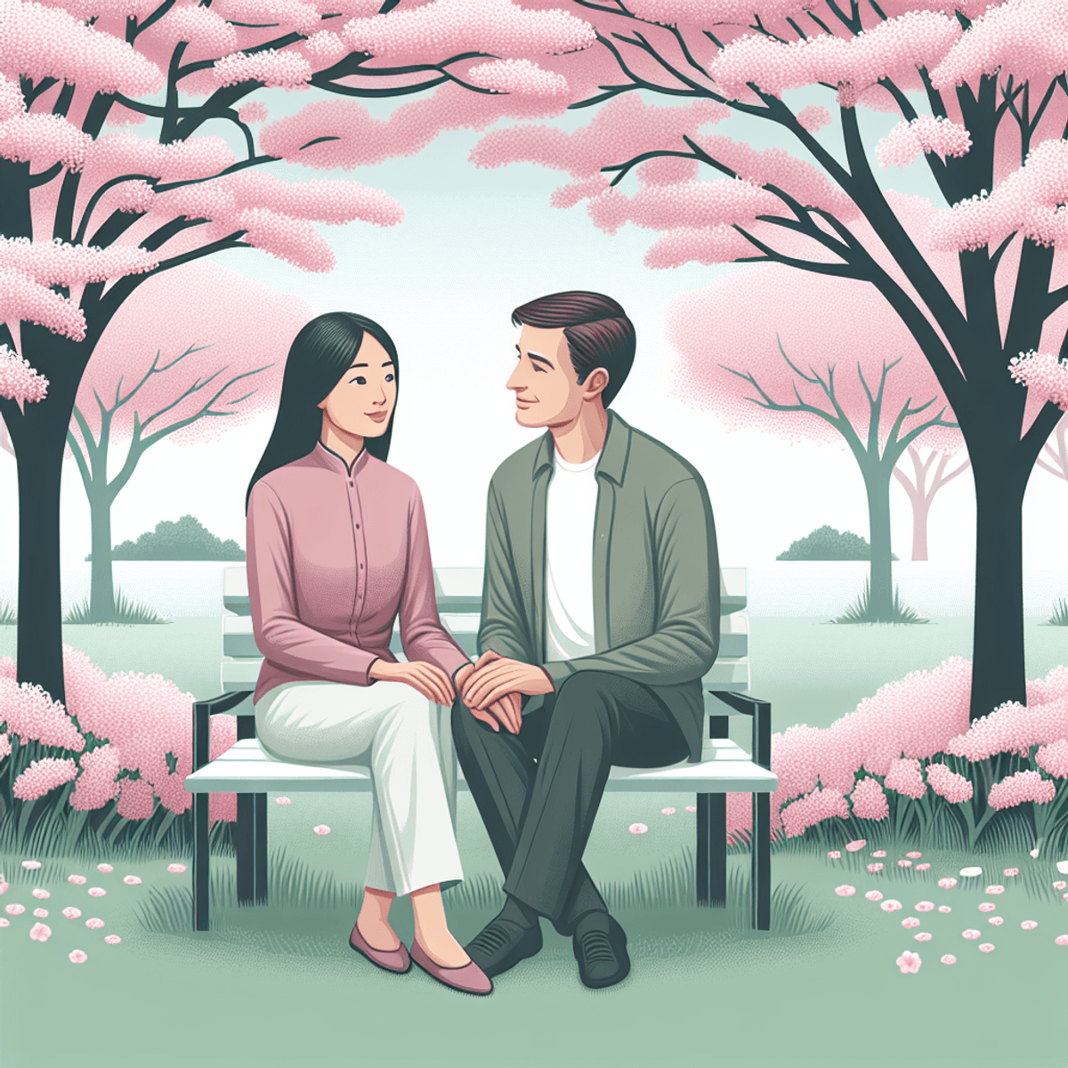 A serene park filled with blooming cherry blossom trees, their pink petals gently falling around a couple sitting on a bench. The Asian woman and Caucasian man are smiling at each other, deeply engaged in conversation. Sunlight filters through the blossoms, casting a warm glow on their faces, which radiate happiness and connection, embodying trust and open communication in their healthy relationship.