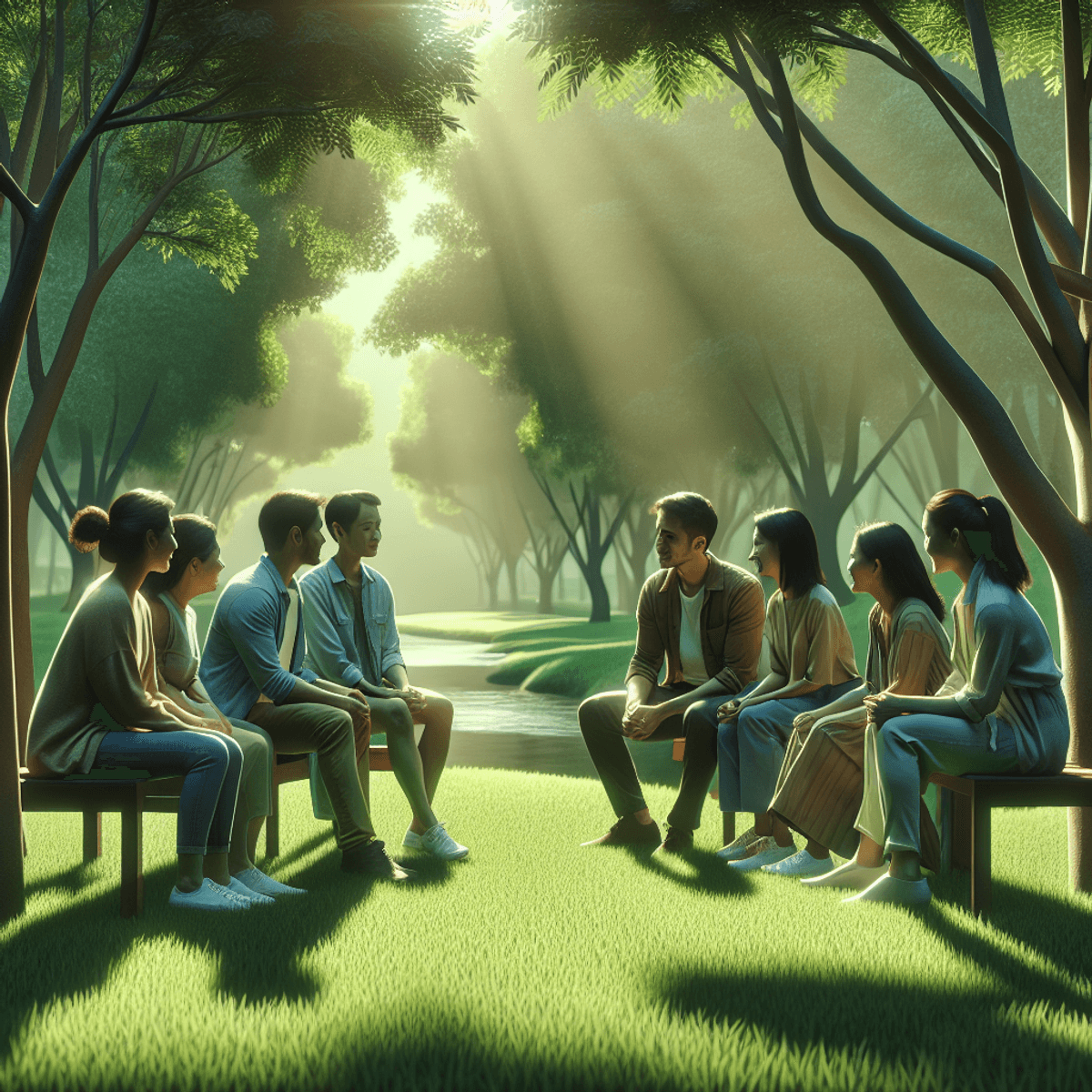 A diverse group of South Asian, East Asian, and Southeast Asian men and women engaged in a supportive conversation in a serene park, surrounded by trees casting gentle shadows on green grass and a flowing river nearby. Each person appears attentive and respectful, embodying mental health awareness and community support, dressed casually to enhance the relaxed atmosphere.