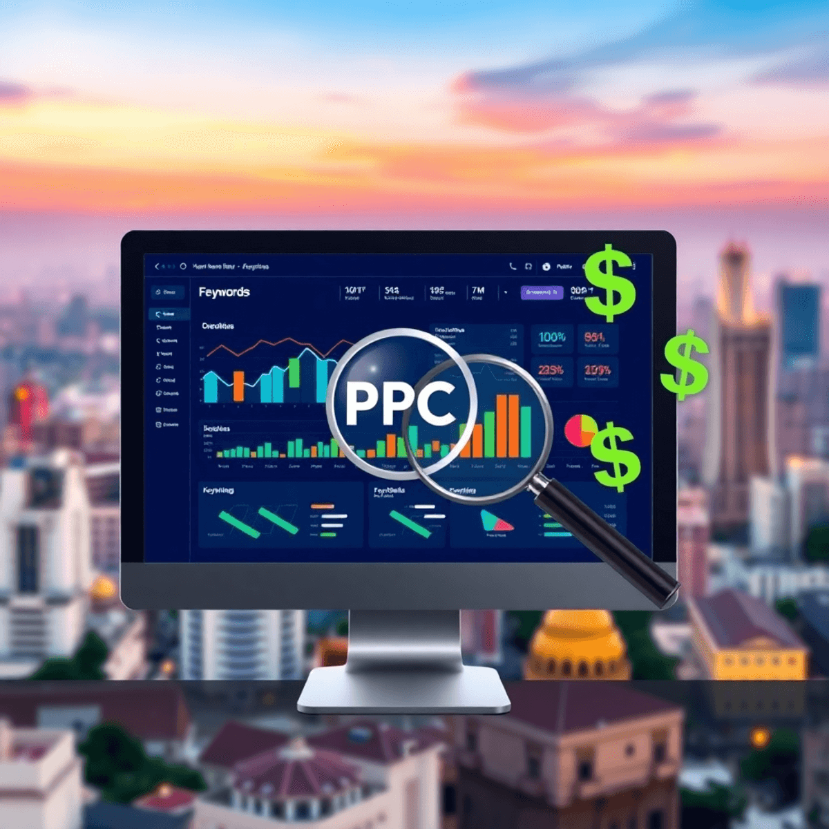 Best PPC Company in Patna - WebRankPPC | Maximize ROI with Expert Pay-Per-Click Advertising 1 A computer screen shows a colorful PPC advertising dashboard with graphs, analytics, and a magnifying glass over keywords, set against a cityscape background.