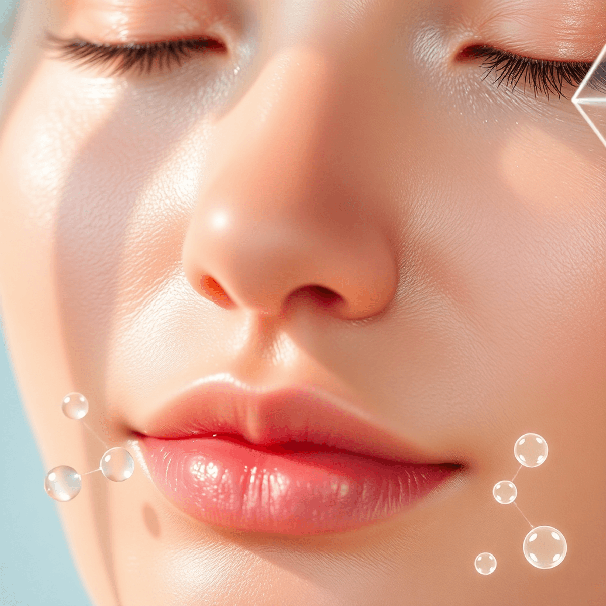 5 Game-Changing Needling Serum Truths Every Skincare Lover Must Know 1 Close-up of glowing skin with light reflections, surrounded by soft shapes, droplets, centella leaves, and hyaluronic acid molecules symbolizing hydration and renewal in an article about needling serum.