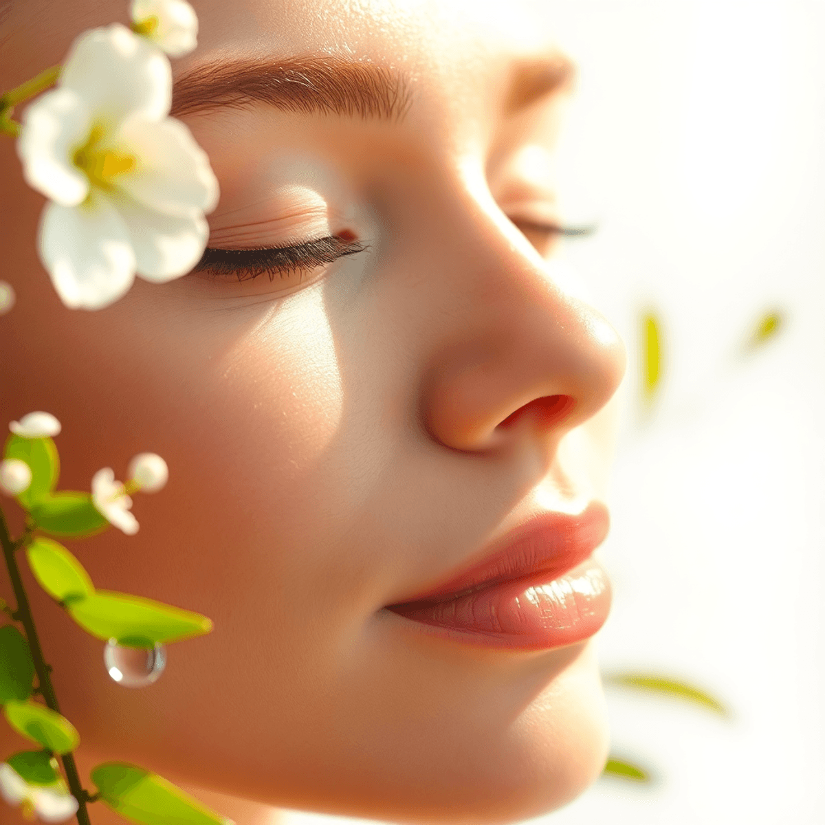 Microneedling Healing Stages: Day-by-Day Timeline From Day 1 to 6 Weeks for Dramatic Results! 1 Close-up of glowing skin lit by soft natural light surrounded by green leaves and water droplets, with a warm, calming color palette. this is the final stage of microneedling healing stages