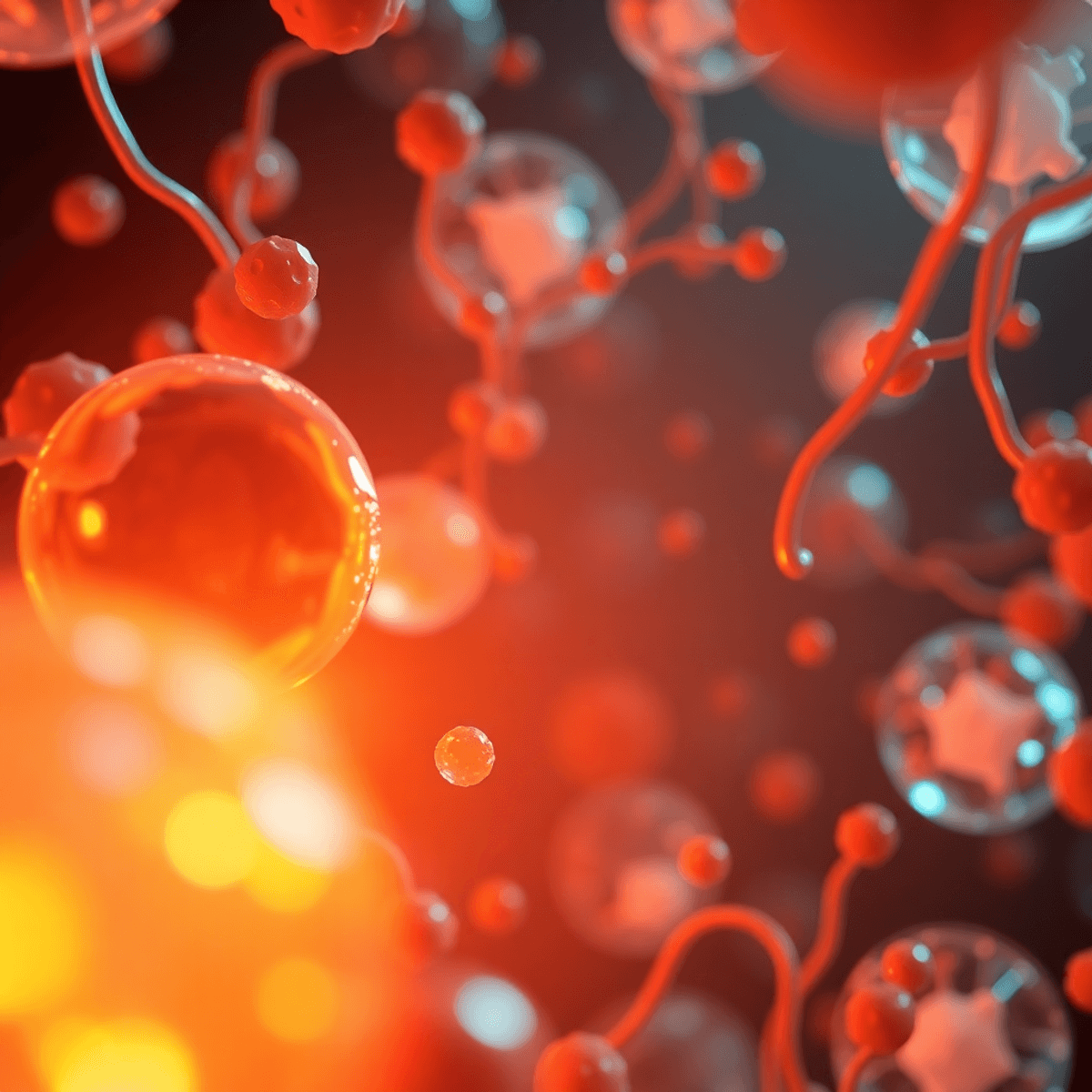 7 Groundbreaking Insights About Human Stem Cells: Uses, Risks, Research & Future Treatments (2026 Guide) 1 Glowing microscopic view of Human Stem Cells suspended in a vibrant red-orange environment, with translucent spheres and fluid cellular structures illuminated by warm, radiant light.