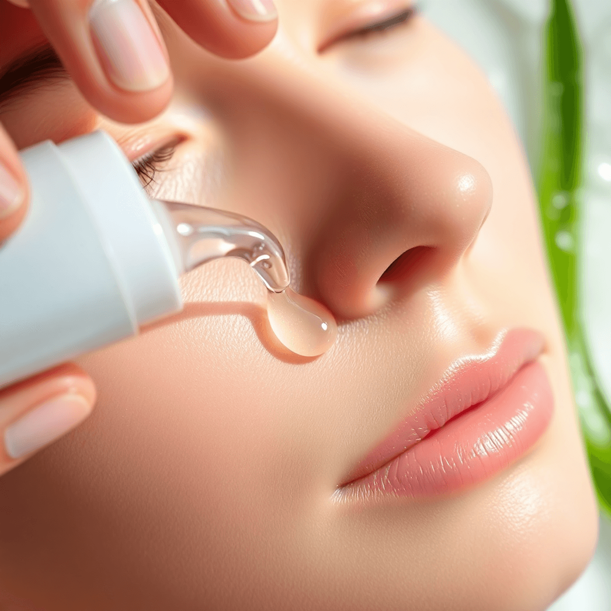 2 Rules for the Safe Way to Layer Hyaluronic Acid After Microneedling 1 Close-up of glowing skin with Hyaluronic Acid After Microneedling serum droplets, a hand applying it, surrounded by aloe leaves and water splashes symbolizing hydration and healing.