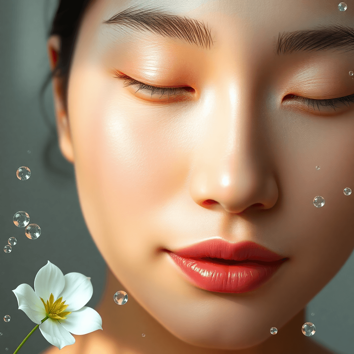 Best Microneedling Serum for Glow—Without Irritation 1 Person with flower and bubbles background peaceful after using the best microneedling serum for glow