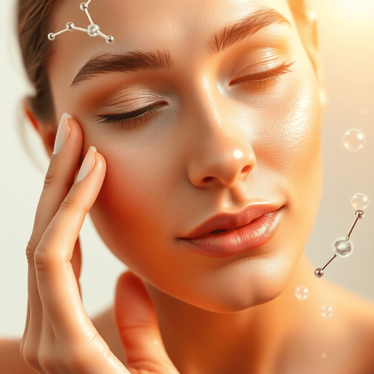 How to Choose the Right Serum for Your Microneedling Treatment 1 Close-up of a glowing woman gently touching her cheek, surrounded by golden light, serum droplets, and abstract molecular structures symbolizing skin healing.
