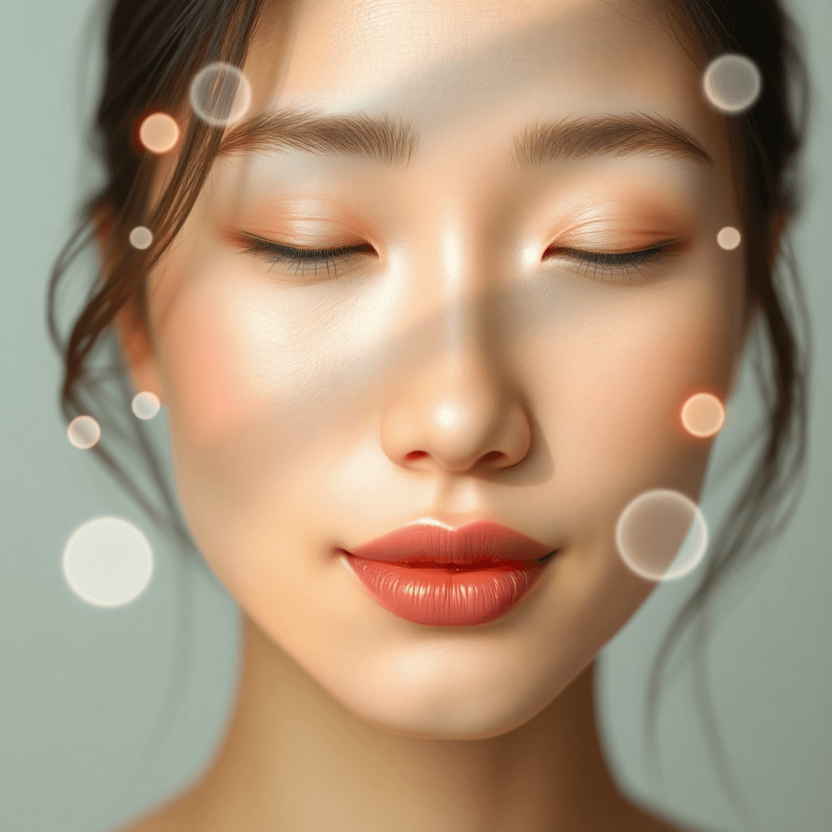 Epidermal Growth Factor (EGF) Pricing: 2 Comparison Methods to Avoid Overpaying 1 Close-up of a glowing female face with smooth from Epidermal Growth Factor serum, radiant skin surrounded by soft abstract shapes and light effects, set against a pastel minimalist background.