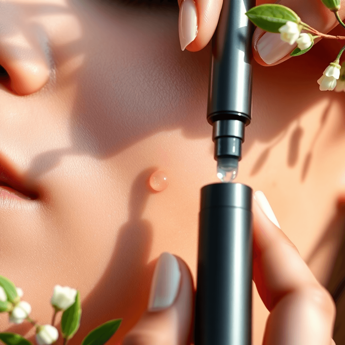 Dermapen Serum Guide: 3 Key Serum Types to Use (and 3 to Avoid) 1 Close-up of smooth glowing skin with serum droplets and a hand holding a microneedling pen, surrounded by soft light and botanical elements. Dermapen Serum Guide