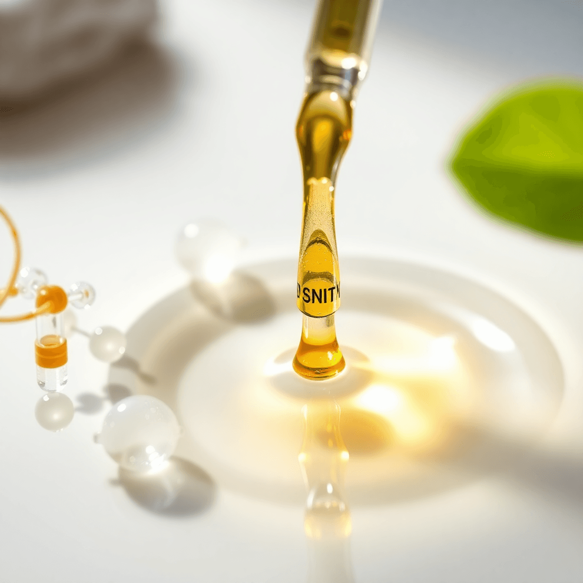 Best Serum for Microneedling: Pros’ Go-To Options 1 Dropper releasing golden liquid onto surface as an example of best serum for microneedling