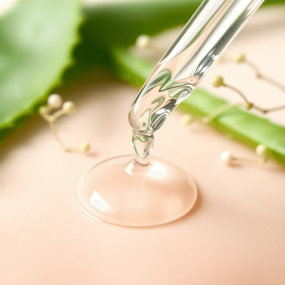 Best Serum for Microneedling in 2026 (Dermapen Safe) 1 Close-up of a glass best serum for microneedling dropper releasing clear droplets onto glowing skin, surrounded by aloe vera leaves and green stems on a soft white background.