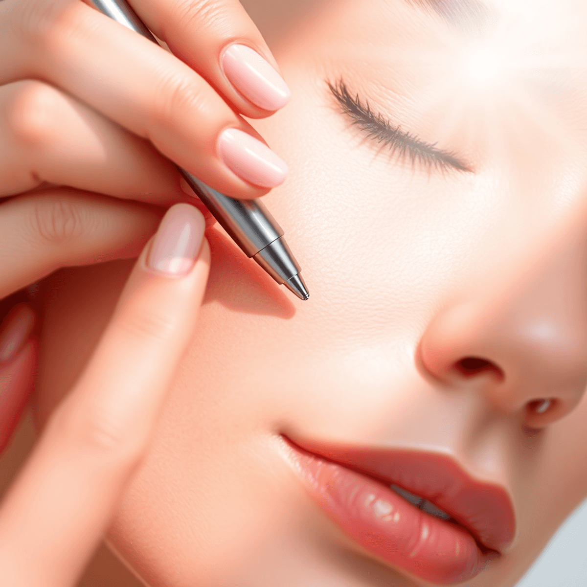 At Home Microneedling: What Actually Works (2026) 1 Close-up of hand holding at home microneedling pen touching smooth, glowing skin with soft light rays and water droplets, symbolizing gentle skincare and renewal.