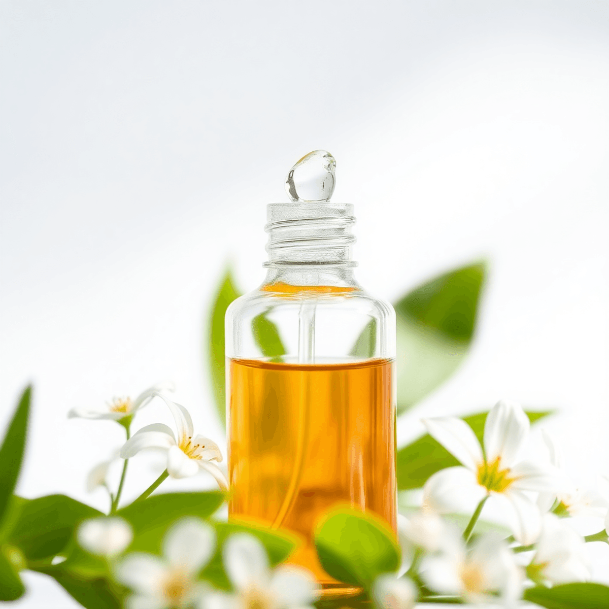 Best Growth Factor Serum 2026: Real Results Guide 1 Close-up of a glass serum bottle with dropper of Best Growth Factor Serum, surrounded by green leaves and white flowers, against a soft glowing background symbolizing freshness and skincare.